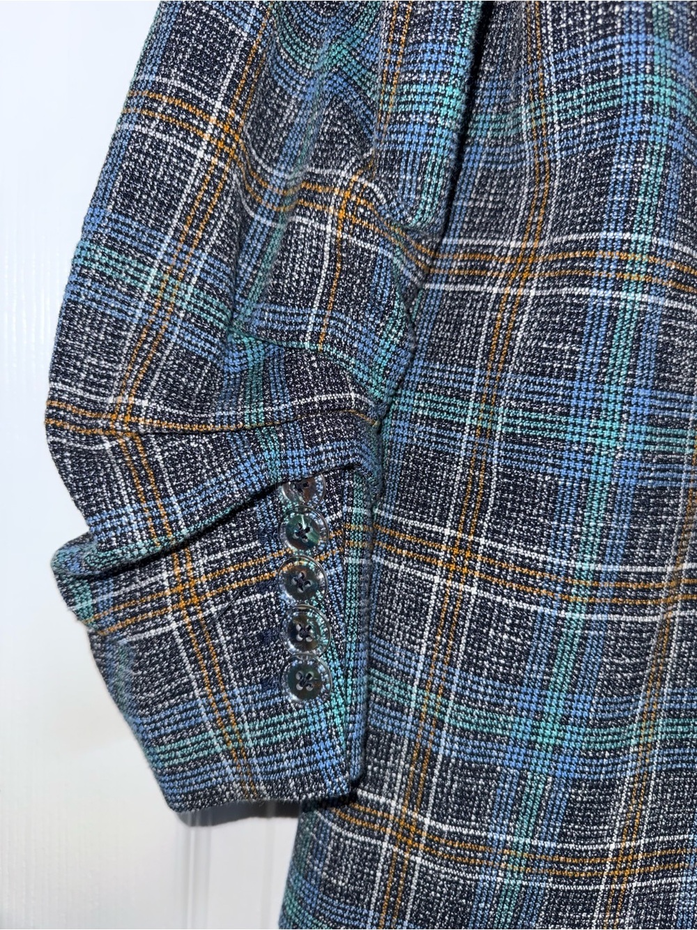 VERONICA BEARD Dickey Blue Plaid MARTEL Ruched Slv Cotton Linen Blazer Jacket 8 - Picture 12 of 16